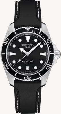 Certina Movimiento DS de cuarzo (40 mm) con esfera negra y correa de caucho negra. C0484101705100