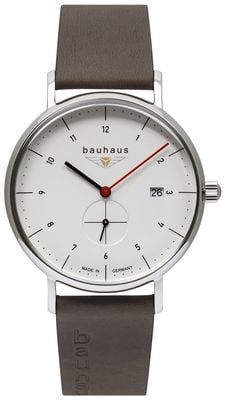 Bauhaus Clássico segundos pequenos de quartzo (41 mm) mostrador branco / pulseira de couro marrom 21301
