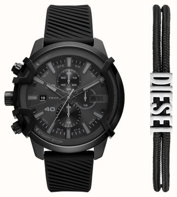 Diesel Coffret cadeau à griffes pour homme (48 mm), cadran chronographe noir / bracelet en silicone noir DZ4650SET