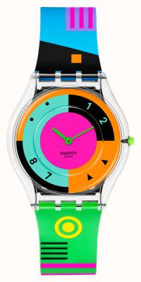 Swatch Wielobarwna tarcza w kolorze neonowego hot racera (34 mm) / przezroczysty, matowy silikonowy pasek z neonowym nadrukiem SS08K119