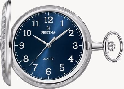 Festina Vollhunter Quarz-Taschenuhr (49mm) blaues Sonnenschliff-Zifferblatt / Edelstahlgehäuse & Kette F2021/2