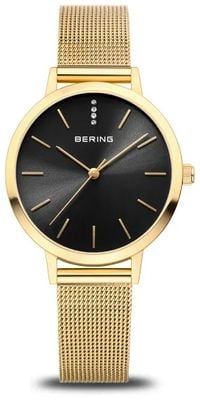 Bering Klassische Damenuhr (34 mm) mit schwarzem Sonnenschliff-Zifferblatt / goldfarbenem Milanaise-Armband aus Edelstahl 13434-332