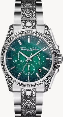 Thomas Sabo Rebel at heart chrono (41 mm) ciemnozielona, ​​teksturowana tarcza / grawerowana bransoleta ze stali nierdzewnej WA0445-201-211-41