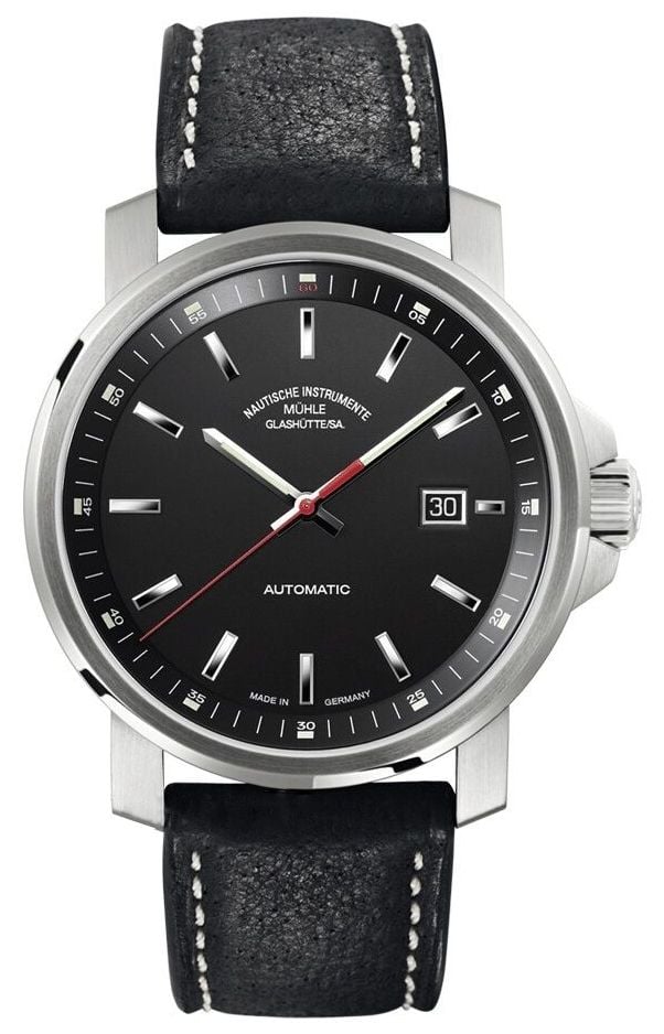MÃ¼hle GlashÃ¼tte 29er grand bracelet en cuir cadran noir M1 montre