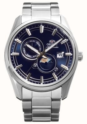 Orient Automatyczny zegarek Stretto Sun & Moon (41,5 mm) z niebieską tarczą / bransoletą ze stali nierdzewnej RA-AK0315L30B