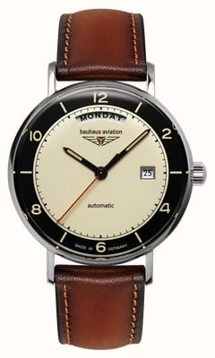 Bauhaus Aviation Day/Date Automatic (41mm) Beige Dial / Brown Leather Strap Watch 2462-2