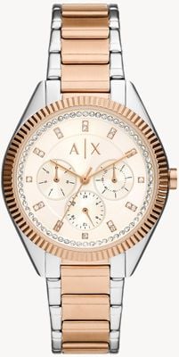 Armani Exchange Damenuhr (38 mm) mit cremefarbenem Zifferblatt und zweifarbigem Edelstahlarmband AX5662