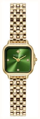 Olivia Burton Mini Grosvenor (20 mm), grünes Zifferblatt mit Sonnenschliff / goldfarbenes PVD-beschichtetes Edelstahlarmband 24000364