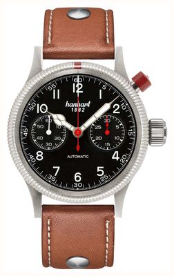 Hanhart Pioneer mk i automatyczny chronograf (40 mm) czarna tarcza / jasnobrązowy skórzany pasek z nitami - m 714.210-0210