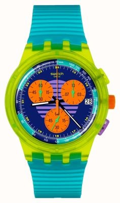 Swatch Neon Wave (42 mm) mehrfarbiges Zifferblatt / strukturiertes türkisfarbenes Silikonarmband SUSJ404