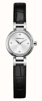 Herbelin Lady H 石英（22 毫米）银色太阳纹表盘/黑色皮革表带 17312AP12
