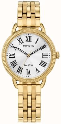 Citizen Klassieke eco-drive damesarmband met witte wijzerplaat, goudkleurige roestvrijstalen armband EM1052-51A