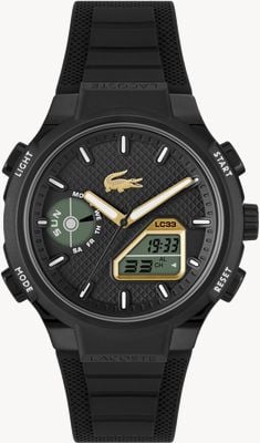 Lacoste LC33, podwójny wyświetlacz, wielofunkcyjny (45 mm), czarna tarcza / czarny silikonowy pasek 2011435