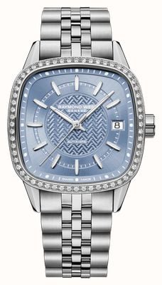 Raymond Weil Freelancer Cushion Automatik, 60 Diamanten (34 mm), eisblaues Zifferblatt / Edelstahlarmband 2490-STS-50061