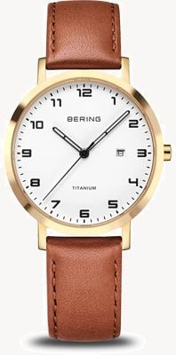Bering Kwarc tytanowy (34 mm) biała tarcza / brązowy pasek skórzany 18634-534