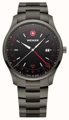 Wenger City GMT Quarz (42 mm), gebürstetes schwarzes Zifferblatt / schwarzes PVD-beschichtetes Edelstahlarmband 01.1442.108