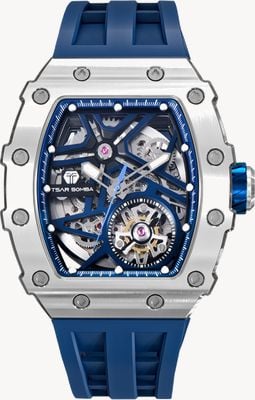 TSAR BOMBA Elemental-Serie Automatik (43,5 mm) blaues Skelett-Zifferblatt / blaues Silikonarmband TB8209A-03