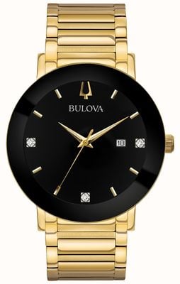 Bulova Nowoczesny męski zegarek ze złotą stonowaną bransoletką z czarną tarczą 97D116