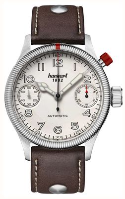 Hanhart Cronografo automatico Pioneer monoscope (45 mm) quadrante argento / cinturino in pelle marrone scuro - m 733.220-0110