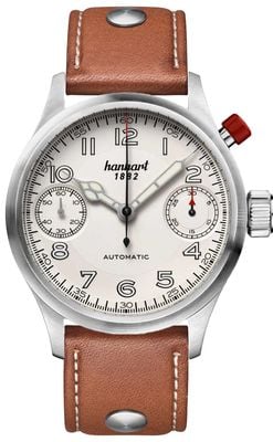 Hanhart Chronographe automatique Pioneer Monoscope (45 mm), cadran argenté / bracelet en cuir marron clair - m 732.220-0210