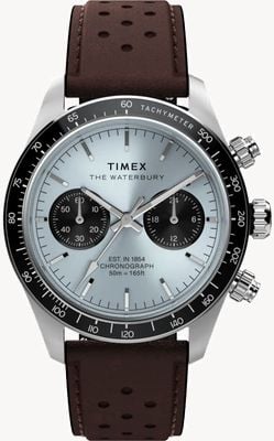 Timex Waterbury Heritage Chronograph (39mm) Ice Blue Sunray Dial / Brown Leather Strap Watch TW2Y70600