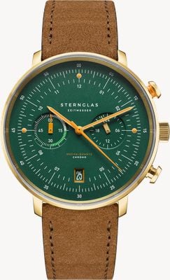 STERNGLAS Reloj cronógrafo vintage de cuarzo mecánico de Hamburgo (42 mm), esfera verde oscuro y correa de ante marrón. S01-HCV22-WL02