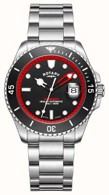 Rotary Henley Seamatic | zwarte en rode wijzerplaat | roestvrijstalen armband GB05430/81
