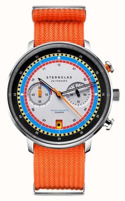 STERNGLAS Chronographe de régate méca-quartz Hambourg (42 mm) cadran argenté / bracelet en nylon orange signal de terrain S01-HC36-FI02