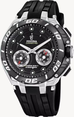 Festina Montre connectée hybride Chrono Bike (46 mm), cadran noir / bracelet en caoutchouc noir F20763/3