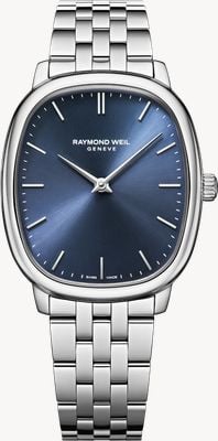 Raymond Weil Toccata Heritage Mechanical (33 mm), blaues Zifferblatt mit Sonnenschliff / Edelstahlarmband 2280-ST-50001