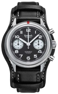 Hanhart 417 es 1954 flyback reverse panda (39mm) quadrante nero / cinturino in pelle nera - m H701.211-7010