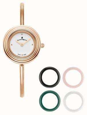 Jacques Du Manoir Coffret montre Aurora et bague supérieure (26 mm), cadran blanc / bracelet jonc en PVD or rose JWL05402