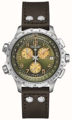 Hamilton Kaki aviation x-wind gmt chronographe quartz (46mm) cadran vert / bracelet cuir marron H77932560