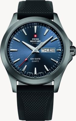 Swiss Military by Chrono Herrenuhr mit Tag- und Datumsanzeige (42 mm) mit blauem Zifferblatt und schwarzem Silikonarmband SMP36040.18
