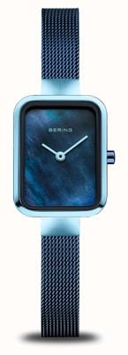 Bering Klassiek klein vierkant | blauwe parelmoer wijzerplaat | blauwe stalen mesh armband 14520-398