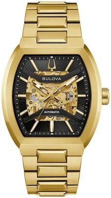Bulova Maquina Automatik (40mm) schwarzes Skelettzifferblatt / vergoldetes Edelstahlarmband 97A207