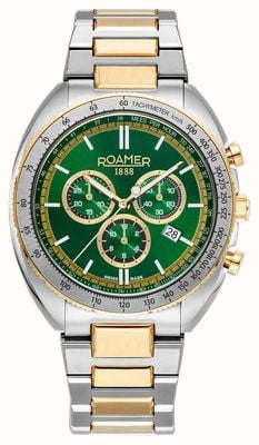 Roamer Power chrono (44mm) cadran vert / bracelet acier inoxydable bicolore doré 868837 47 75 70