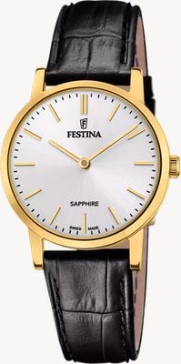 Festina Klassisches Schweizer Quarzwerk (29,3 mm), silbernes Zifferblatt / schwarzes Lederarmband F20017/1