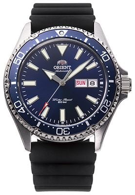 Orient Mako III Automatik mit Wochentags- und Datumsanzeige (41,8 mm), blaues Zifferblatt / schwarzes Silikonarmband RA-AA0006L39B