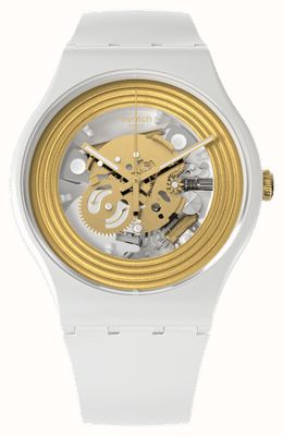 Swatch Uhr mit goldenen Ringen und weißem Skelettzifferblatt SO29W107