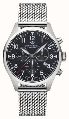 Continental Aviation Chronograph (42mm) Black Dial / Stainless Steel Mesh Bracelet 24452-GC101420