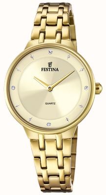 Festina Montre pour femme à cadran doré avec serti cz et bracelet en acier F20601/2