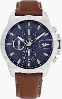 Tommy Hilfiger Jameson multifunción (43 mm), esfera azul / correa de piel marrón 1792195