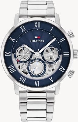 Tommy Hilfiger Reloj multifunción Legend (44 mm), esfera esqueletizada azul marino / brazalete de acero inoxidable 1710569