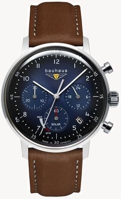 Bauhaus Cronógrafo solar clássico (41 mm) mostrador azul / pulseira de couro marrom 20863