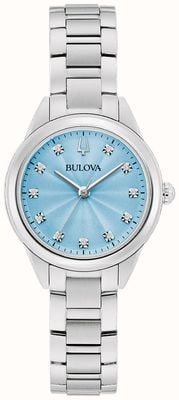 Bulova Sutton diamantkwarts (28 mm) pastelblauwe wijzerplaat / roestvrijstalen armband 96P250