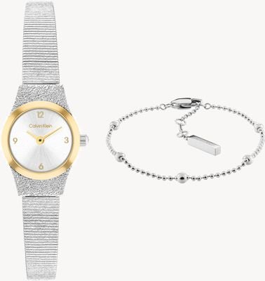 Calvin Klein Ck modern two-wskazówkowy zegarek kwarcowy - zestaw prezentowy (18 mm) srebrna tarcza / dwukolorowa bransoleta ze stali nierdzewnej 35700050