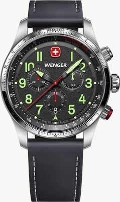 Wenger Kwarcowy chronograf Terragraph (43 mm) z teksturowaną czarną tarczą / czarnym skórzanym paskiem 01.0543.110