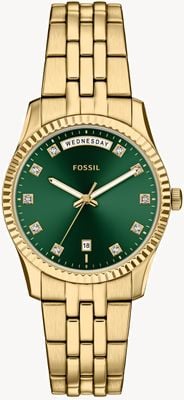 Fossil Scarlette Day-Date (34 mm) grünes Zifferblatt mit Sonnenschliff / goldfarbenes PVD-beschichtetes Edelstahlarmband ES5460