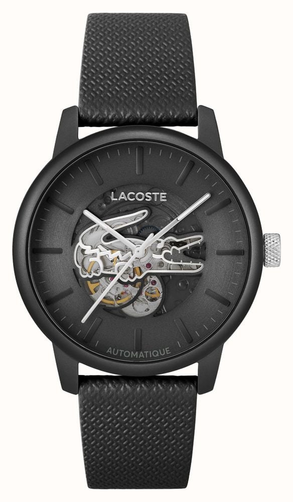 Lacoste Men s 12.12 Automatic 44mm Black Open Heart Dial Black Leather Strap 2011383 First Class Watches IRL